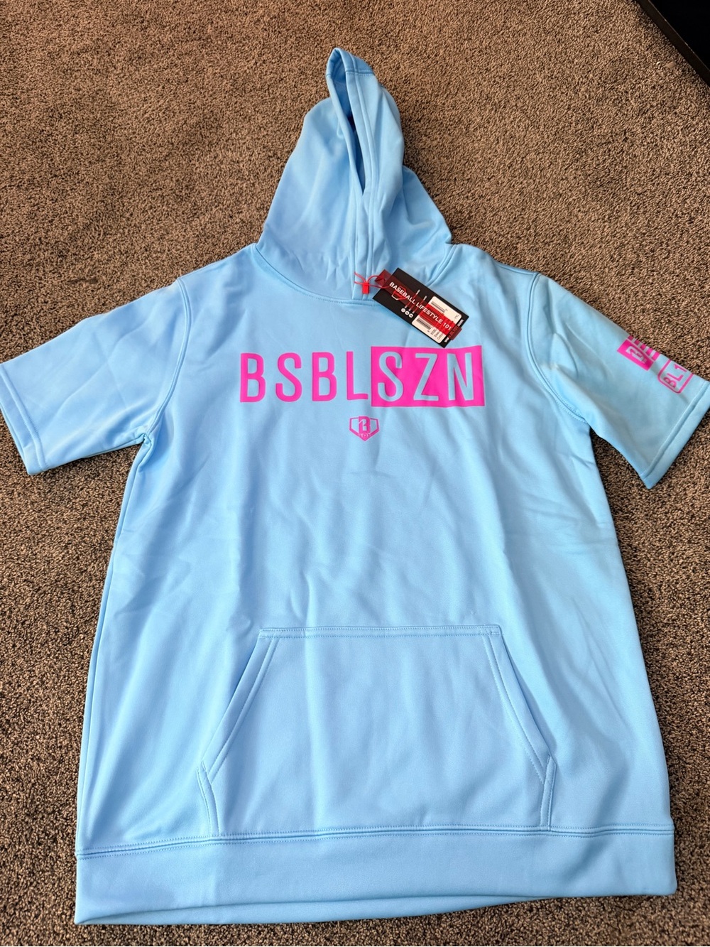 BSBLSZN Kids Light Blue Short-Sleeve Hoodie with Pink Logo